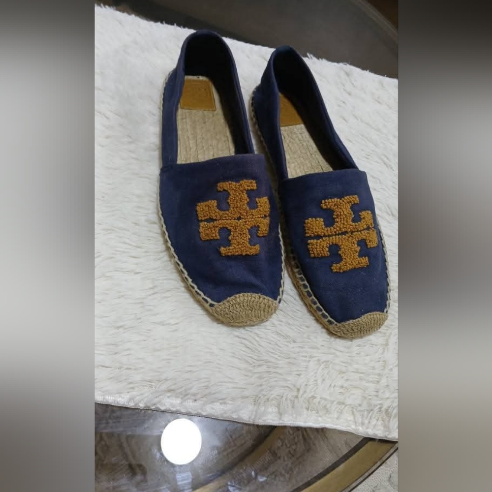 TORY BURCH Women's Elisa Blue Golden Fry Canvas Embroidered Espadrilles SZ 11M - Picture 3 of 9